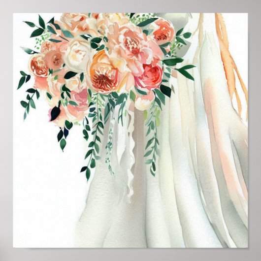 Poster Corail Whimsical, Bouquet en cascade nuptiale 2, (Devant)