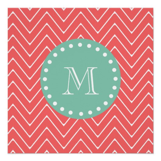 Poster Coral Chevron Motif | Monogramme vert à la menthe (Devant)