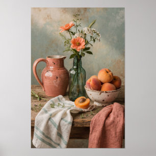 Poster Coral Jug et abricots sur une table