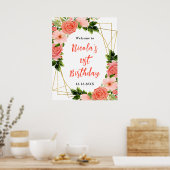 Poster Coral Red Roses with Foliage Birthday Welcome (Cuisine)