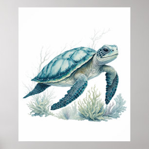 Poster Coral Reef Explorer - Aquarelle tortue dans un cor