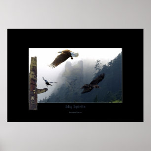 Poster Corbeau, aigle et mât totémique d'art haïda