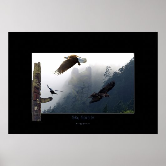 Poster Corbeau, aigle et mât totémique d'art haïda (Devant)