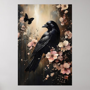 Poster Corbeau dans une forêt de fleurs lunatiques imprim