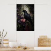Poster Corbeau dans une forêt florale morose imprimable, (Cuisine)