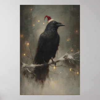Poster Corbeau de fête sur branche enneigée, bois gothiqu
