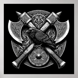 Poster Corbeau et Axes - Norse Warrior Shield Wall Art