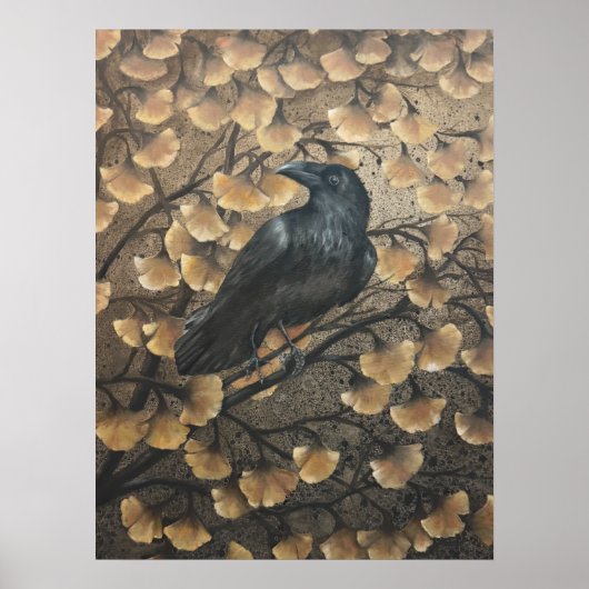 Poster Corbeau et feuilles de Ginkgo (Devant)