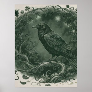 Poster Corbeau mystique gothique et forêt enchantée
