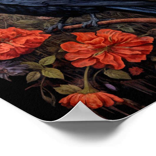 Poster Corbeau noir avec fleurs Design gothique (Coin)