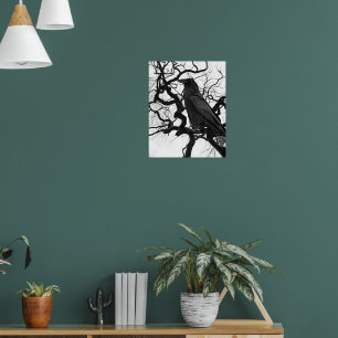Poster Corbeau noir dans l'arbre Photo en noir et blanc