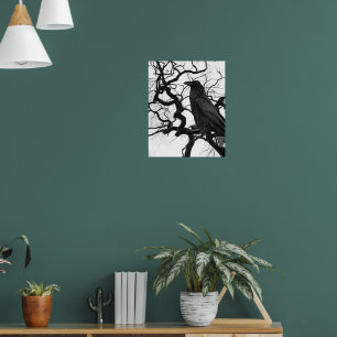 Poster Corbeau noir dans un arbre Photo en noir et blanc
