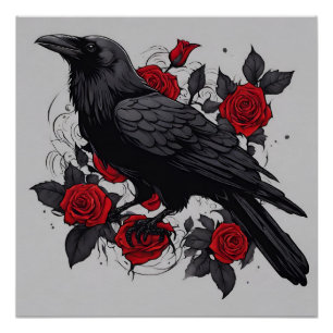 Poster Corbeau noir et roses rouges