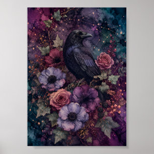 Poster Corbeau noir gothique Art céleste floral lunatique