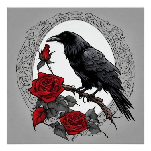Poster Corbeau noir gothique aux roses rouges (Devant)