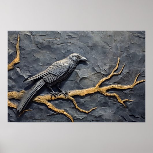 Poster Corbeau perché en bas relief sur le mur d'ardoise (Devant)