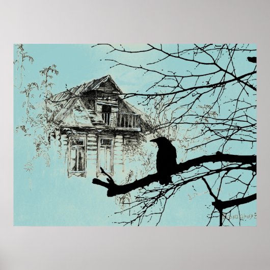 Poster Corbeau sur l'arbre, Maison en ruines (Devant)