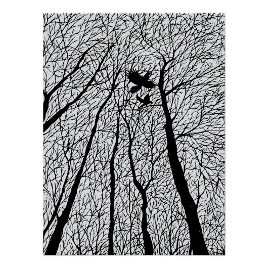 Poster Corbeaux en Silhouette dans les Arbres d'Hiver (Devant)
