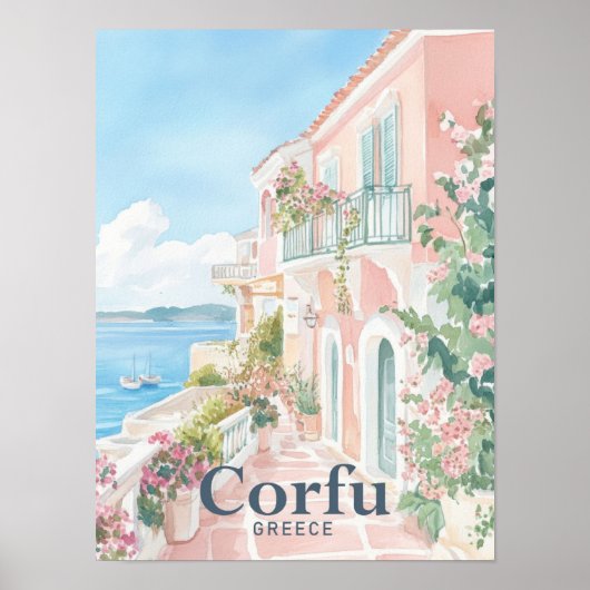 Poster Corfou Grèce Aquarelle Peinture Voyage (Devant)