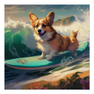 Poster Corgi Beach Surf Peinture