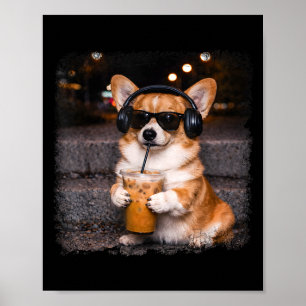 Poster Corgi buvant du café glacé amateur d'humour mème d