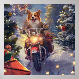 Poster Corgi Chien équitation Moto Noël
