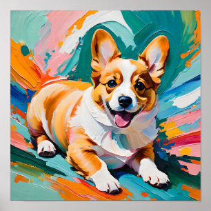 Poster Corgi Heureux en Éclaboussure de Couleur - Abstrai