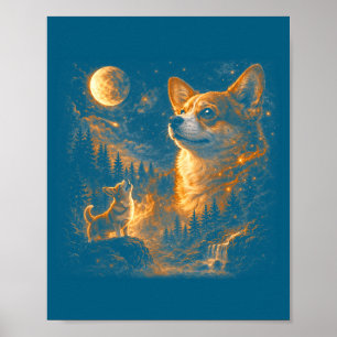 Poster Corgi hurlant à la lune vintage rétro animal 90s
