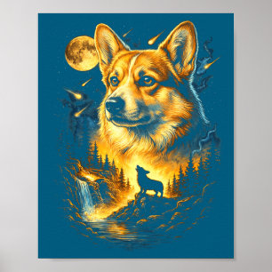 Poster Corgi hurle à la lune vintage 90 drôle de chien