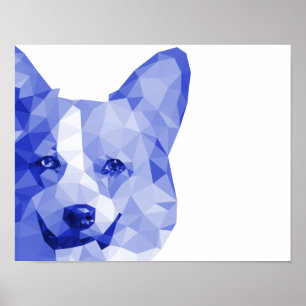 Poster Corgi Low Poly Art en bleu