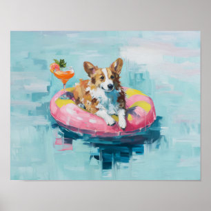 Poster Corgi Pool Float Art Imprimer : Décor Mur de Chien