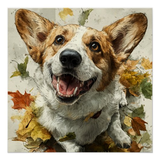 Poster Corgi Sourire Joie d'Automne (Devant)