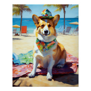 Poster Corgi sur la plage, cadeau d'été pour les amoureux