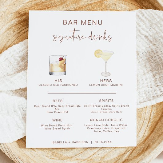 Poster CORIANDRE Boho Cocktail Menu de la barre de boisso