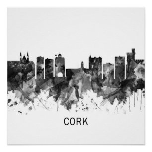 Poster Cork Ireland Skyline BW