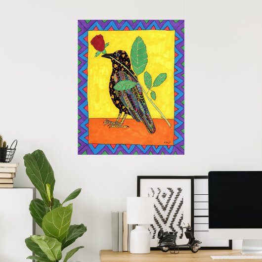 Poster Corneille d'Oaxacan avec Rose rouge (Bureau à domicile)