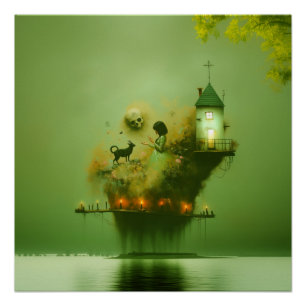 Poster Cornes Abstraites Chat Green Witchy AI Art Semi-br