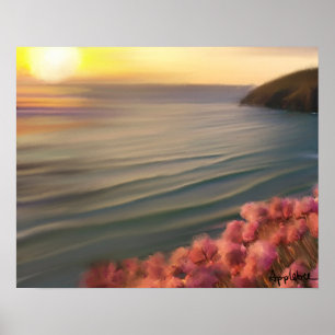 Poster Cornouailles falaises et roses de mer au coucher d