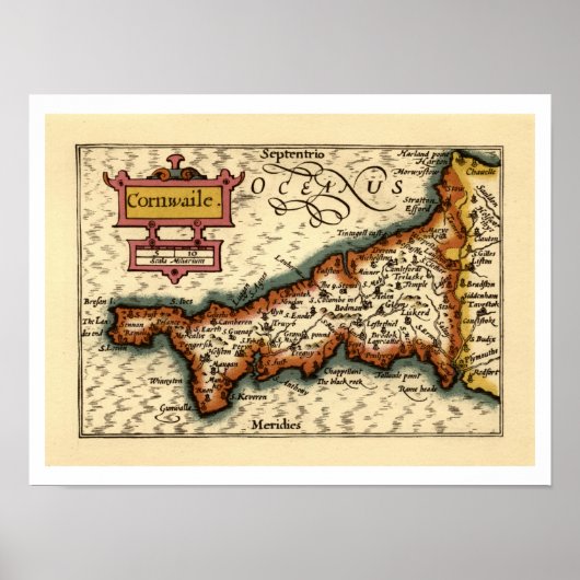 Poster Cornwall, Cornwaile Comté Angleterre Carte Antiqua (Devant)