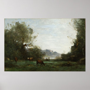 Poster Corot - Bétail au pâturage dans une vallée boisée