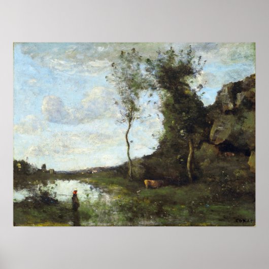 Poster Corot - Femme paysanne et vache au Mare (Devant)