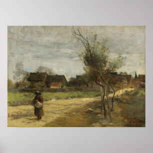 Poster Corot - Paysanne sur une route avec vue