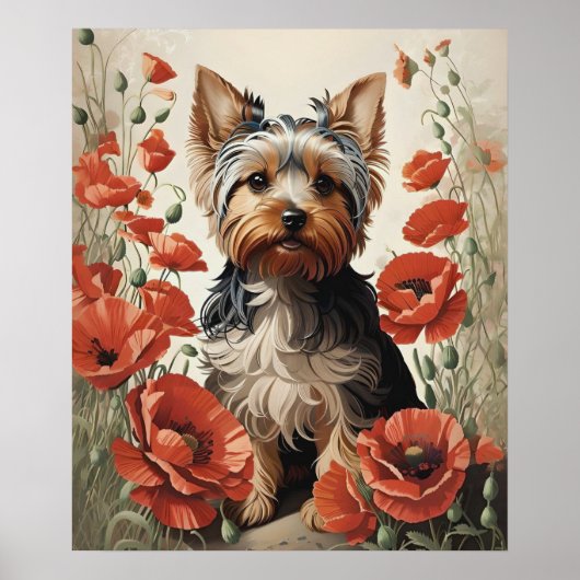 Poster Corte Yorkshire Terrier Botanique Poppies rouges (Devant)