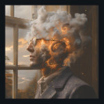 Poster Cosmic Mind Dissolving Head Portrait<br><div class="desc">A thoughtful man in round glasses and tweed stands at an open window as his head transforms into a radiant cosmic nebula. Swirling clouds of fiery orange, molten gold, electric turquoise, lavender, and deep indigo spiral upward with glowing spirals and starry flecks, while soft afternoon light illuminates his face and...</div>