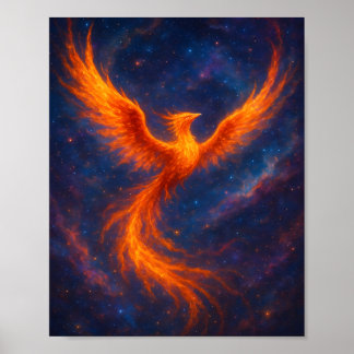 Poster Cosmic Phoenix Rising Fire Bird in Nebula Fantasy 