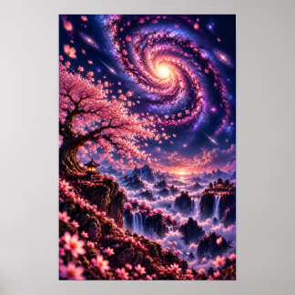Poster Cosmic Sakura : Falling Stars Art céleste de nuit
