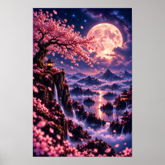 Poster Cosmic Sakura : Fleurs de cerisier au clair de lun