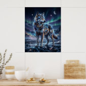 Poster Cosmic Wolf Under Aurora Sky (Cuisine)