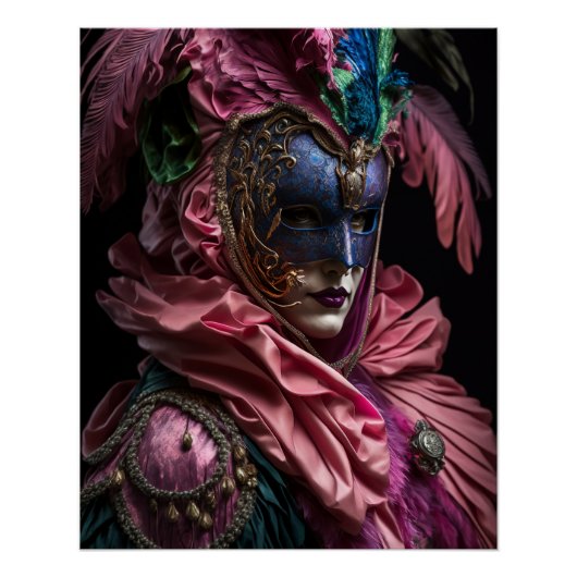 Poster Costume Et Masque Rose Du Carnaval Vénitien. (Devant)