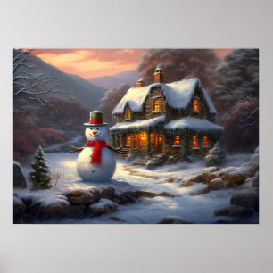 Poster Cosy Christmas Cottage & Snowman   hiver vintage